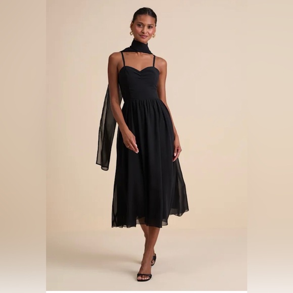 Lulus Irresistibly Darling Black Chiffon Midi Dress And Scarf Set - Size M - Picture 2 of 3